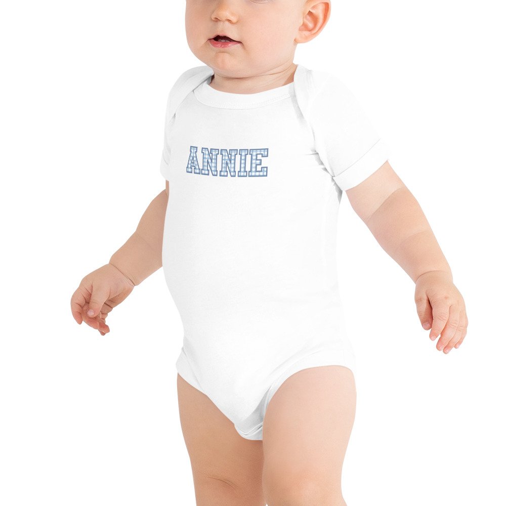Custom Name Blue Gingham Onesie | Multiple Colors Available — Jessica Marie