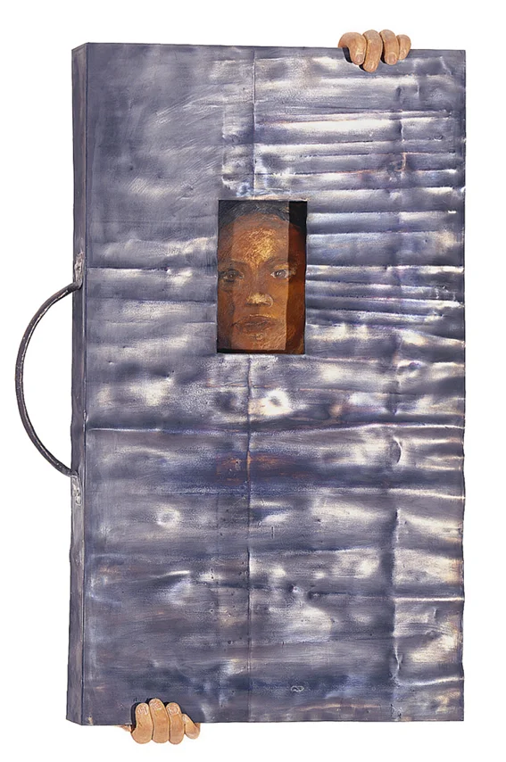 traveling bag - metal, oil on canvas, terra-cotta, 80x50cm