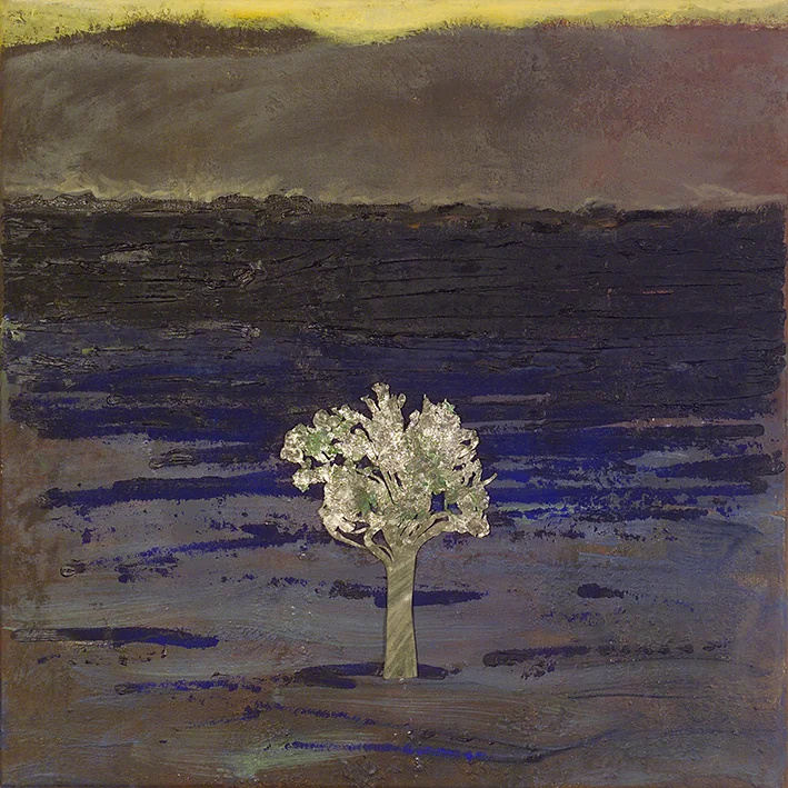 tree in landscape - metal, oil on canvas, 45x45cm