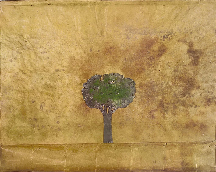 tree - metal, on old book parchment, 34x41cm