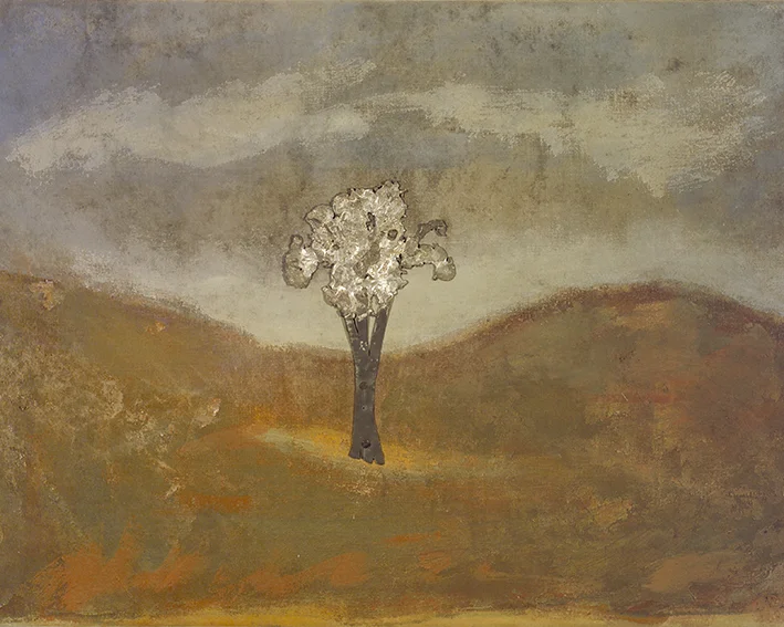 tree in landscape - metal, oil on canvas, 30x40cm