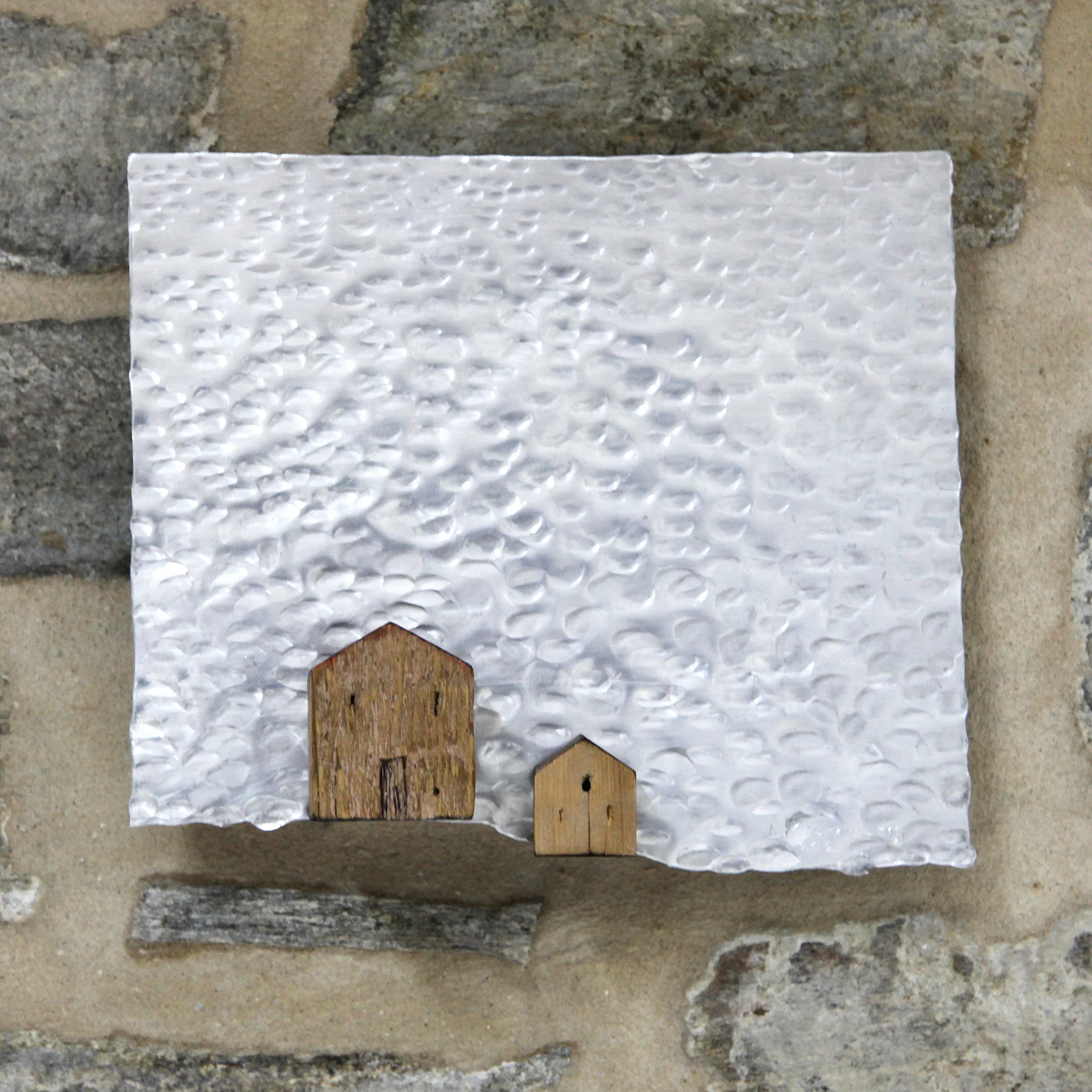 sea and homes - wooden houses on wrought metal, 22x25 cm