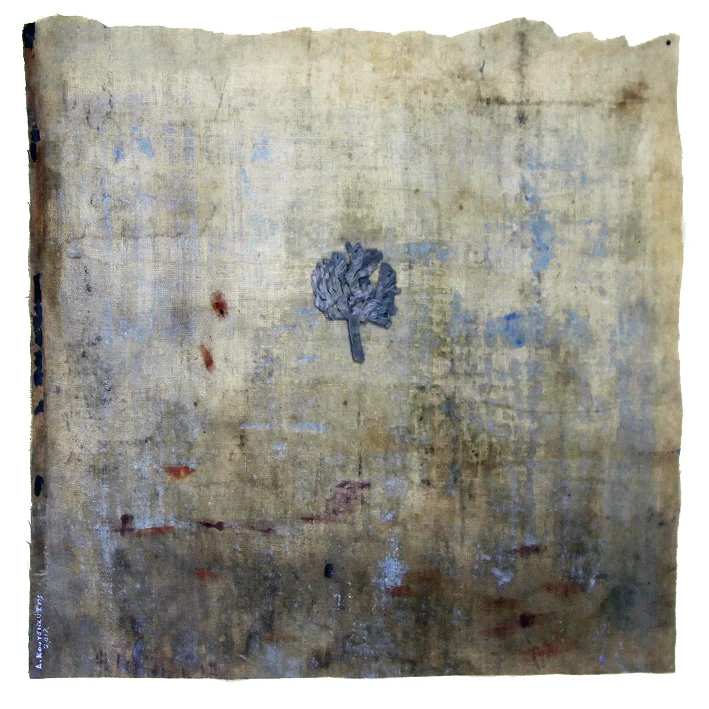 landscape with tree - metal tree on old linen, 50x50 cm