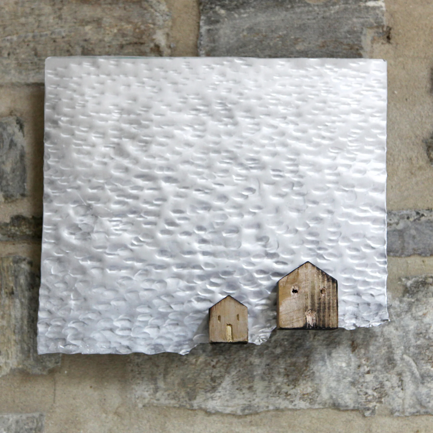 sea and homes - wooden houses on wrought metal, 22x25 cm