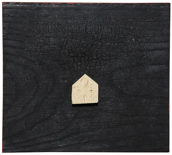 new hope -  terra cotta house on burned wood, 22x25cm