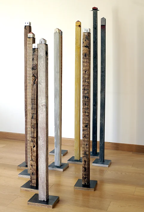 hope and homes - houses on old burned pieces of wood, 120-190x5x5cm