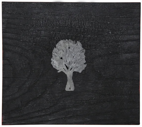 new hope - metal tree on burned wood, 22x25cm