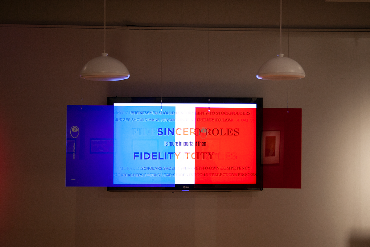 I hung parabolic speakers from the ceiling. While looking through through each vision, viewers would hear quotes from famous people from each vision. Each quote related to what the viewer was seeing. For example, when the viewer saw imagery and messages related to human nature, viewers looking through the utopian vision would hear, “There is no original perversity in the human heart” by Jean Jacques Rousseau. Conversely, viewers experiencing the perspective of the tragic vision would hear, “Each new generation born is in effect an invasion of civilization by little barbarians, who must be civilized before it is too late” by Thomas Sowell.