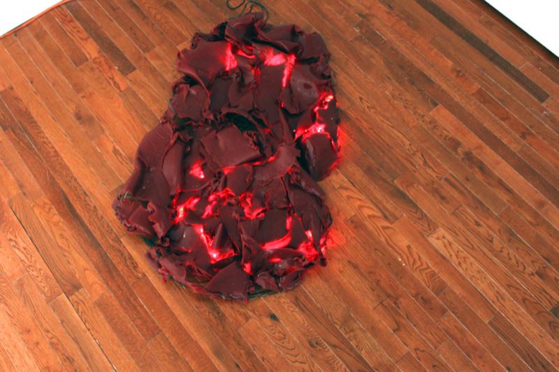 Lara Saget, Heart , 2013; AC motor, rubber, metal, audio clip of beating heart, and LED light; 20 x 40 x 6 inches