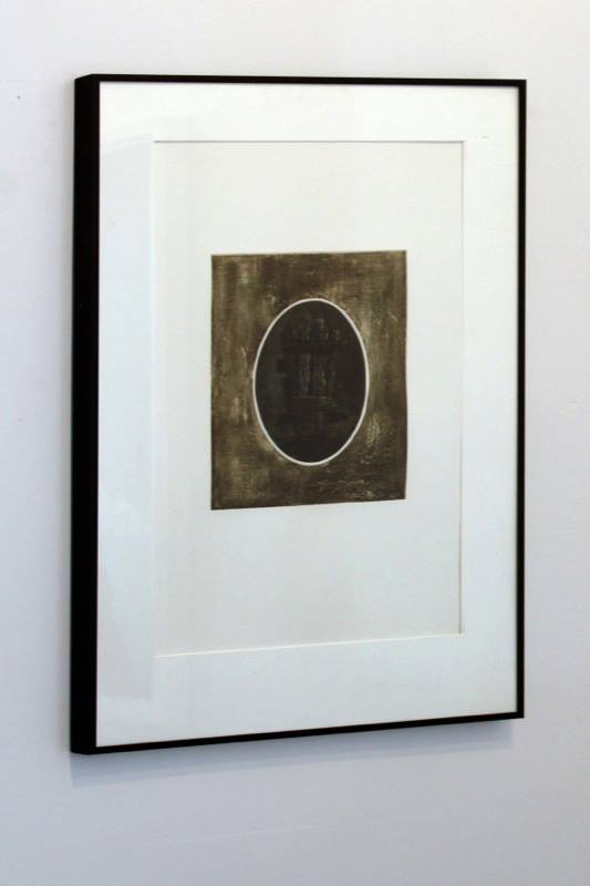 Myles Dunigan, Sarcophagus , 2011; Mezzoting and etching with chine colle; 10 x 8 inches; Framed: 20 x 16 inches