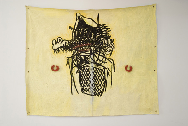 O's and odd end in Brookland. 2013 Acrylic, paint stick, pastel, wood, twine, and canvas 56 x 67 x 1 inches