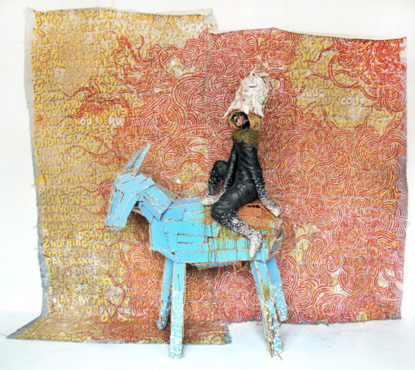 yells low, skicksss bow, and a roam incomplete engulfs brother mark. 2011 Chicken wire, acrylic, wood, twine, bicycle inner tubes, fake teeth, aluminum foil, and burlap 64 x 90 x 35 inches