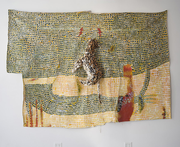   I meant it from the beginnin and winnin, soul sucka force as told by the white man.  2013 Wood, twine, chicken wire, and acrylic on canvas 76 x 109 x 11 inches 