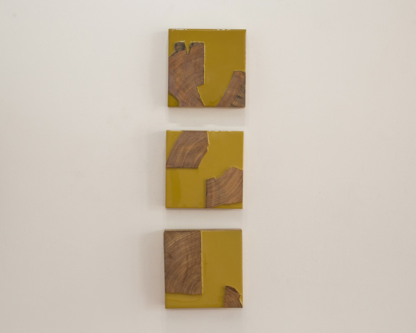 Guy Nelson From top to bottom: State of Being I, State of Being II, State of Being III 2014 Resin, reclaimed wood 8 x 8 inches each
