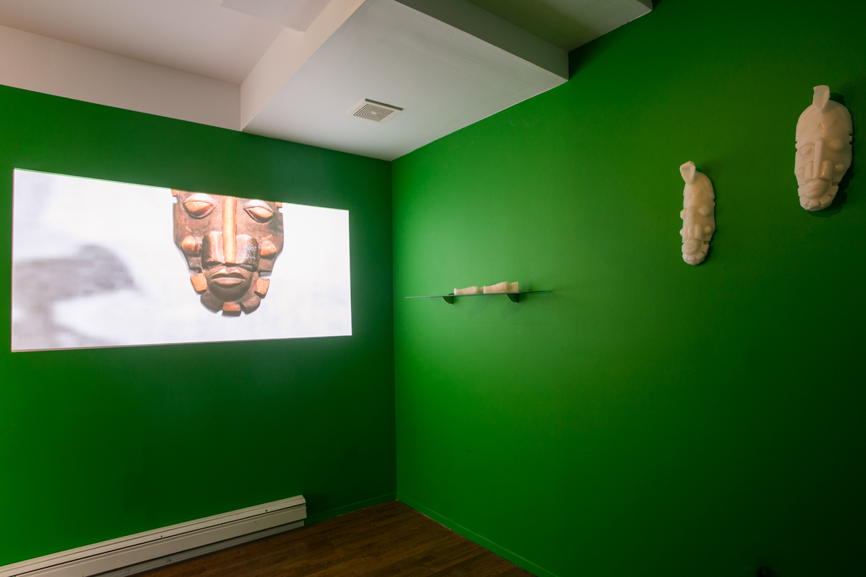   Izabela Gola   Thresholds  , installation view   2014   Video, sound, oil painting, sculptural wax, glass, wall paint, combined media   Dimensions variable  