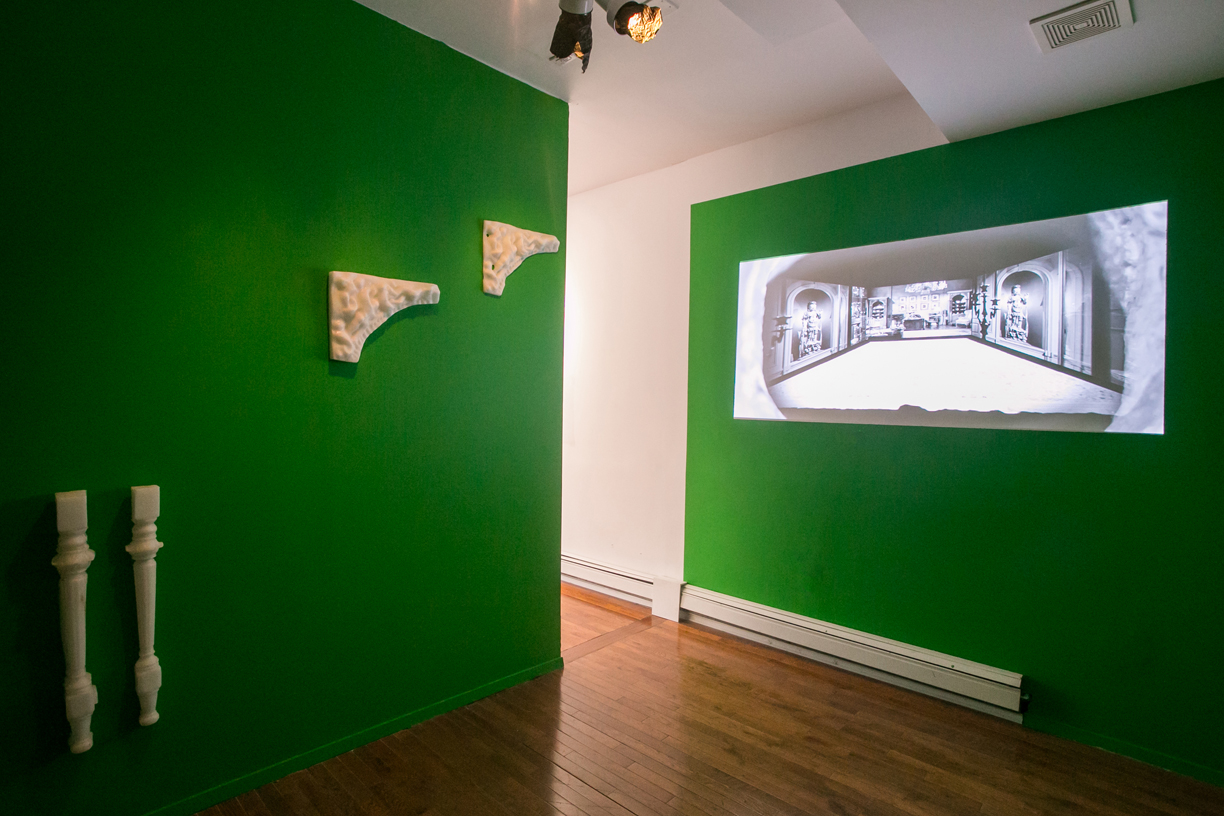  Izabela Gola  Thresholds , installation view 2014 Video, sound, oil painting, sculptural wax, glass, wall paint, combined media Dimensions variable 