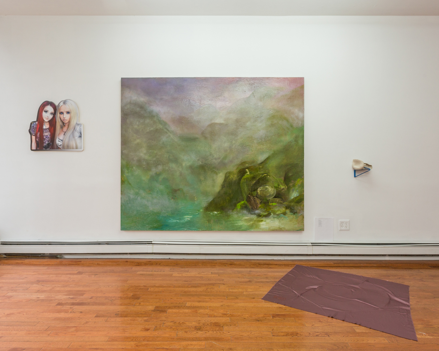 Installation view Center (wall): Harris Johnson, Lonely Hangover, 2015 Oil, pastel, polyurethane, acrylic, and water mixable oil on canvas, 72 x 84 inches