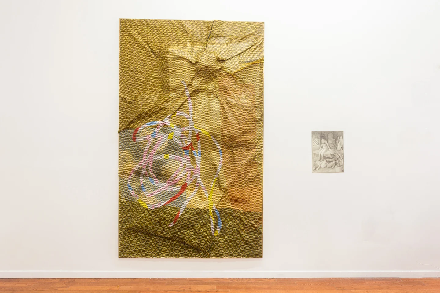 Left: Lior Modan, Dance! , 2013 Fabric, paper, paint, mesh, wood, resin, 85 x 42 x 2 inches Right: Vanessa Gully-Santiago, Undertow , 2014 Graphite on paper, 14 x 11 inches