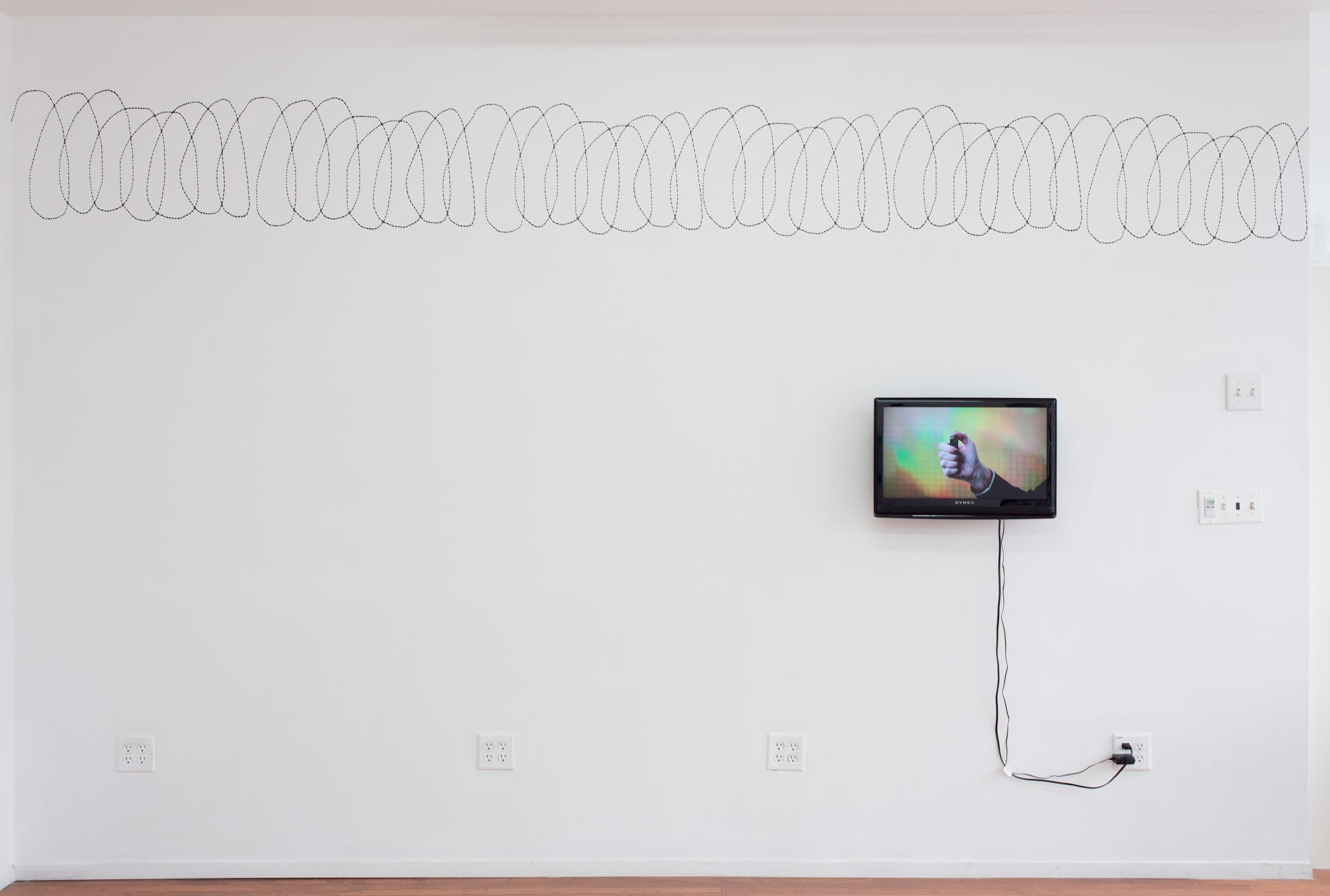 Above: Ariel Reichman, Barbed Wire , 2015. Acrylic, dimensions variable. Below: Ariel Reichman, You see my mother, she just can't light a lighter , 2015. HD video, 04:25. 