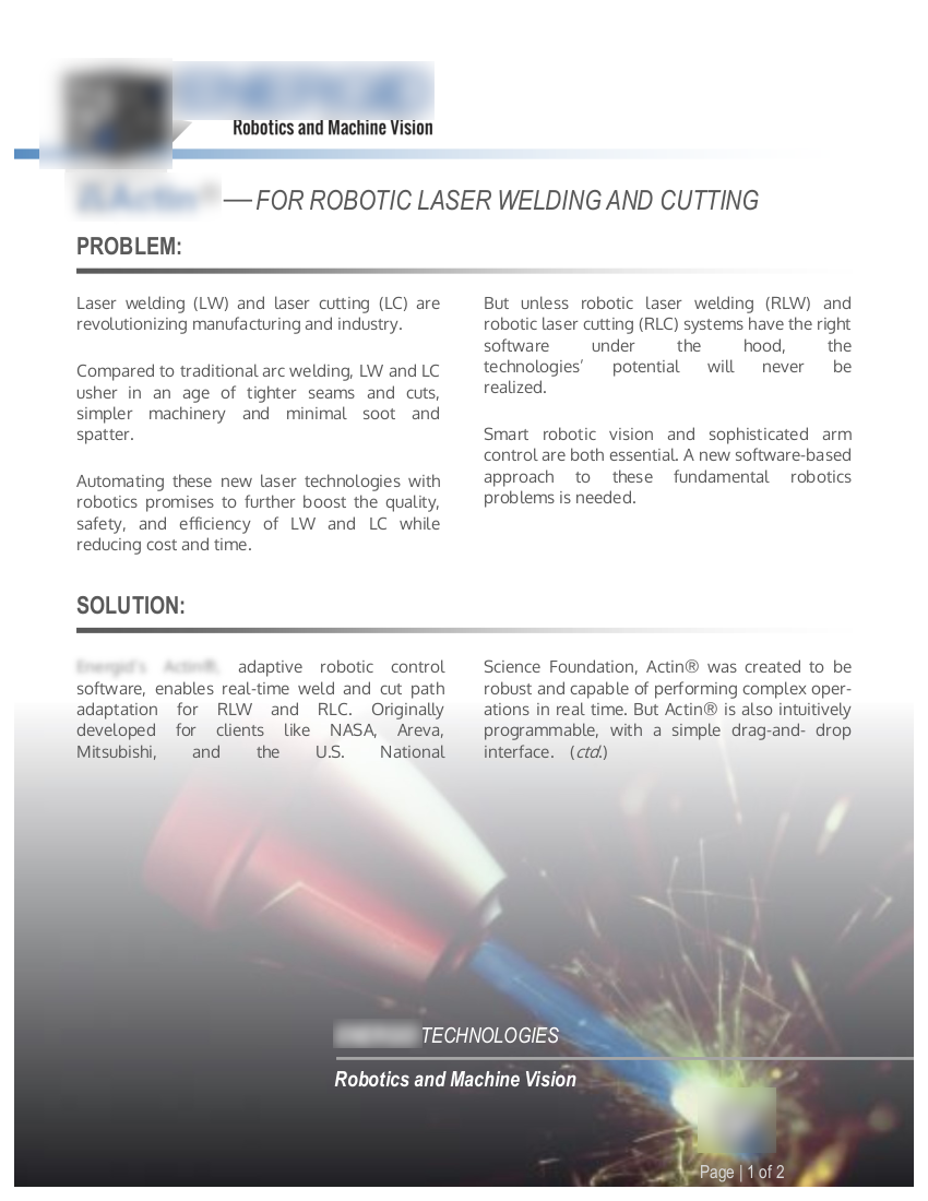 • client: Robotics & machine vision startup • objective: achieve market leadership in key industry • subjects: Robots, robotic manufacturing, computer vision