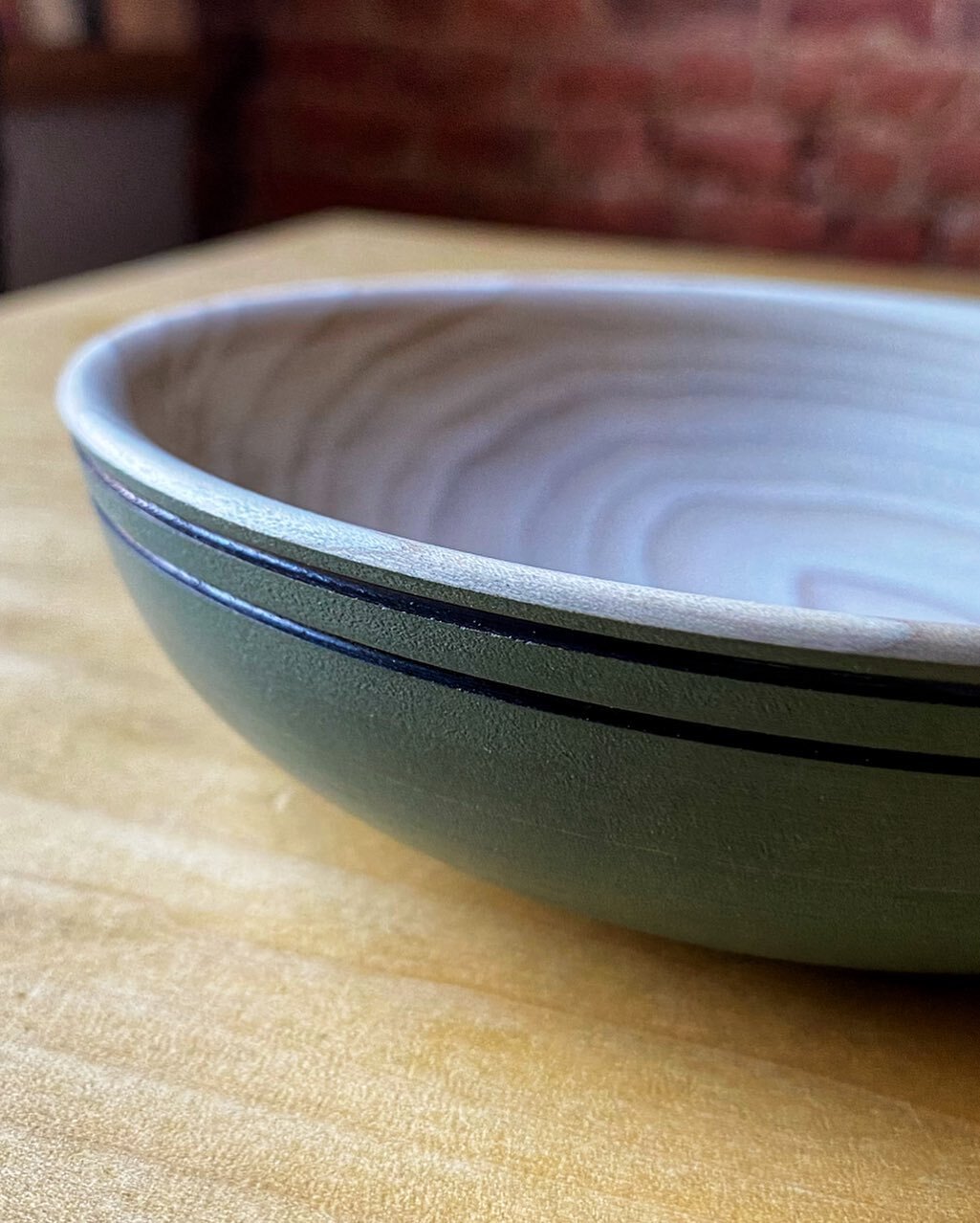 Another soggy, slow Sunday morning here and a good morning for photography and a cup of coffee. I turned this random bowl a couple days ago during a student demo and decided to play with milk paint to add a little color. I like the way the green play