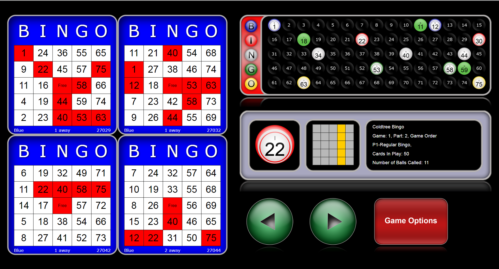 Browser-based bingo handset showing the player 4 card game screen