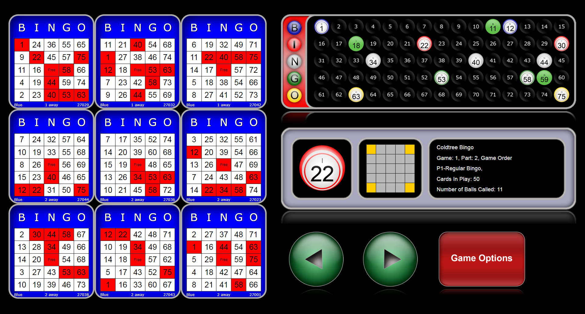 Browser-based bingo handset showing the player 9 card game screen