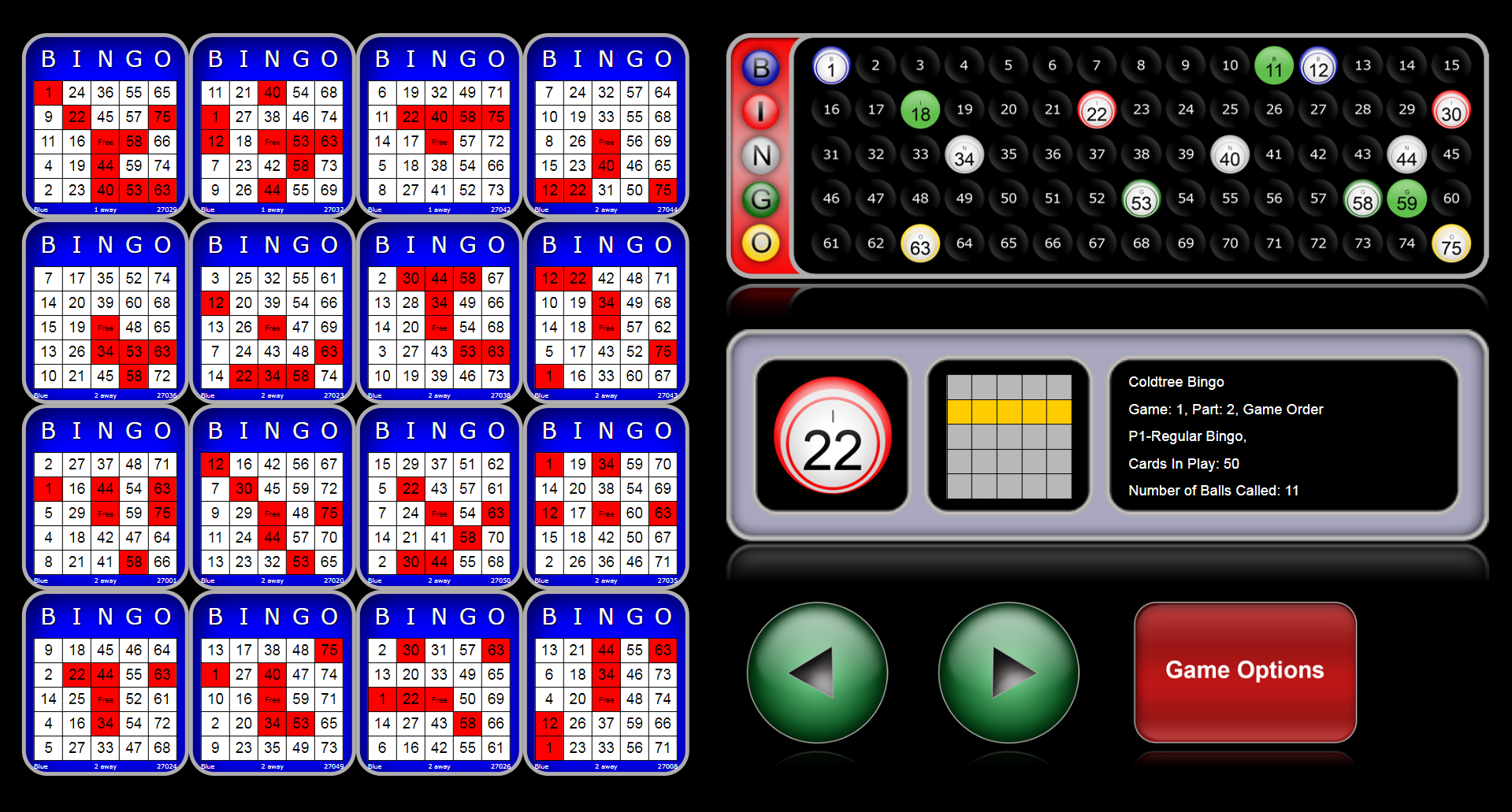 Browser-based bingo handset showing the player 16 card game screen