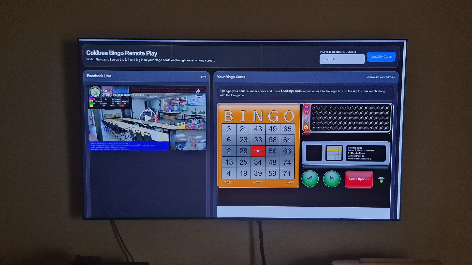 Smart TV showing a split-screen remote bingo game simulcast
