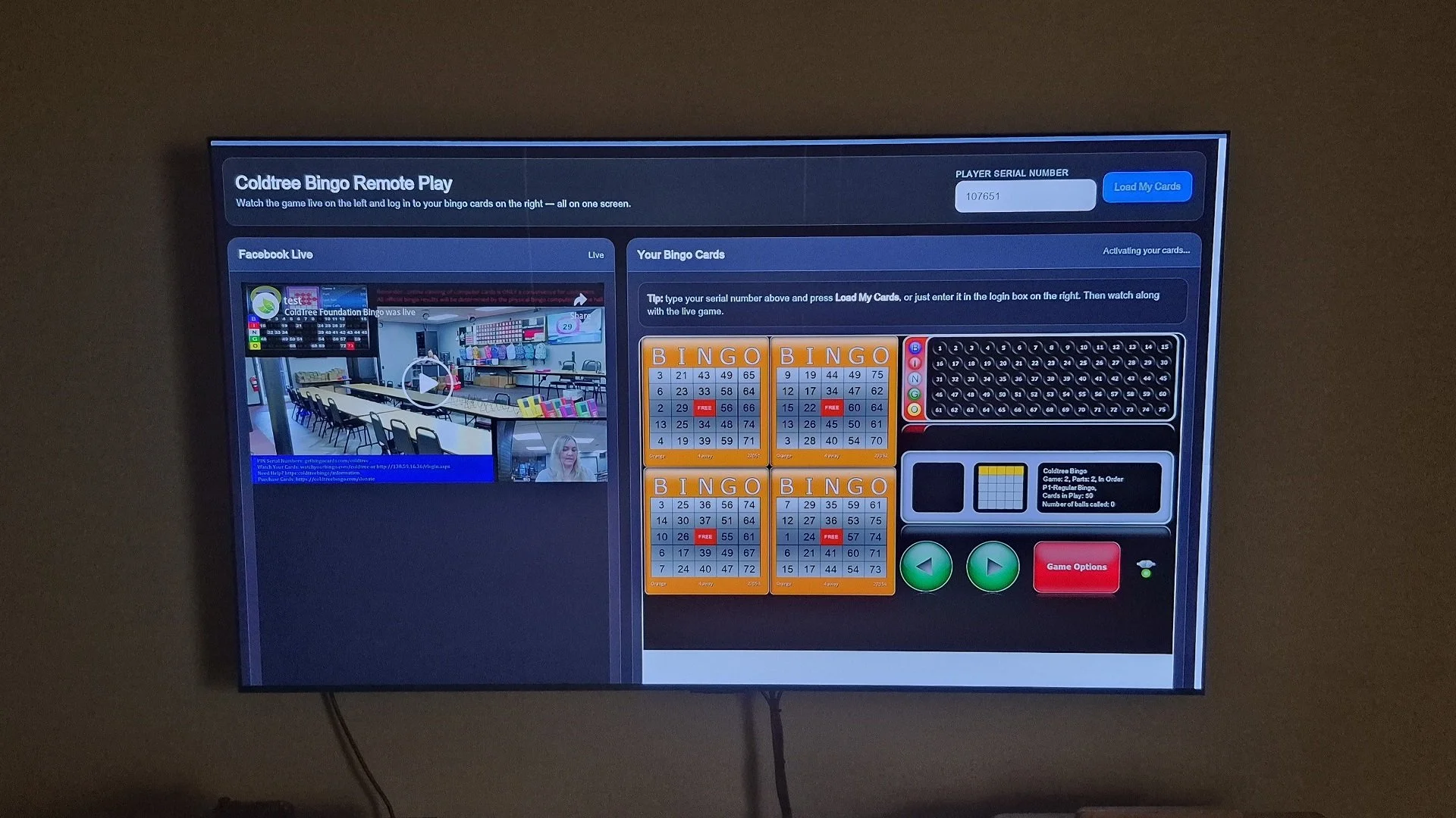 Smart TV showing a split-screen remote bingo game simulcast