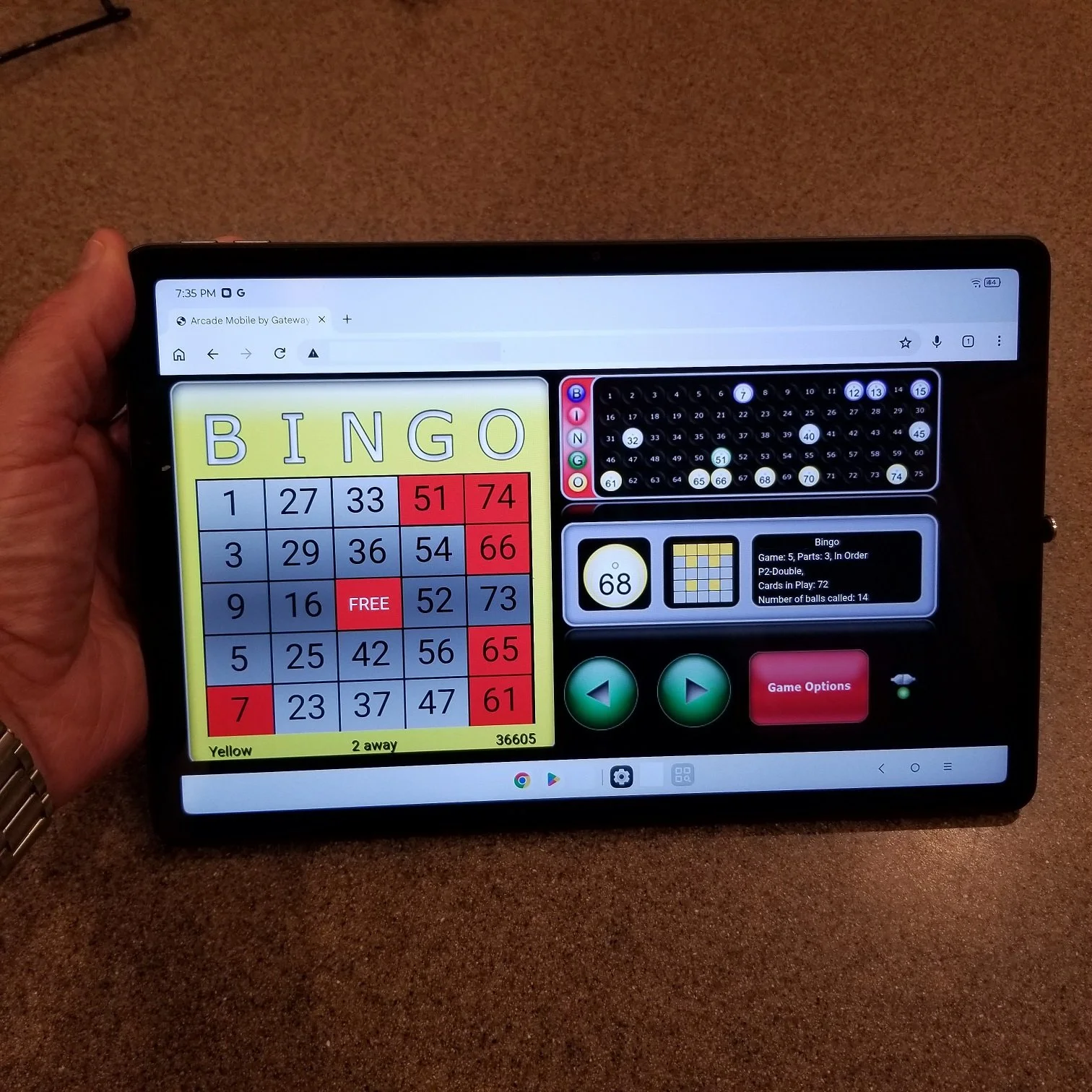 Remote bingo cards displayed on a tablet