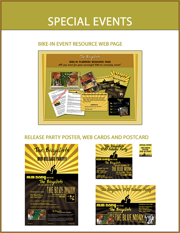 Marketing materials for a DVD release party and a web page that encouraged non-profits to host bike-in movie events. 