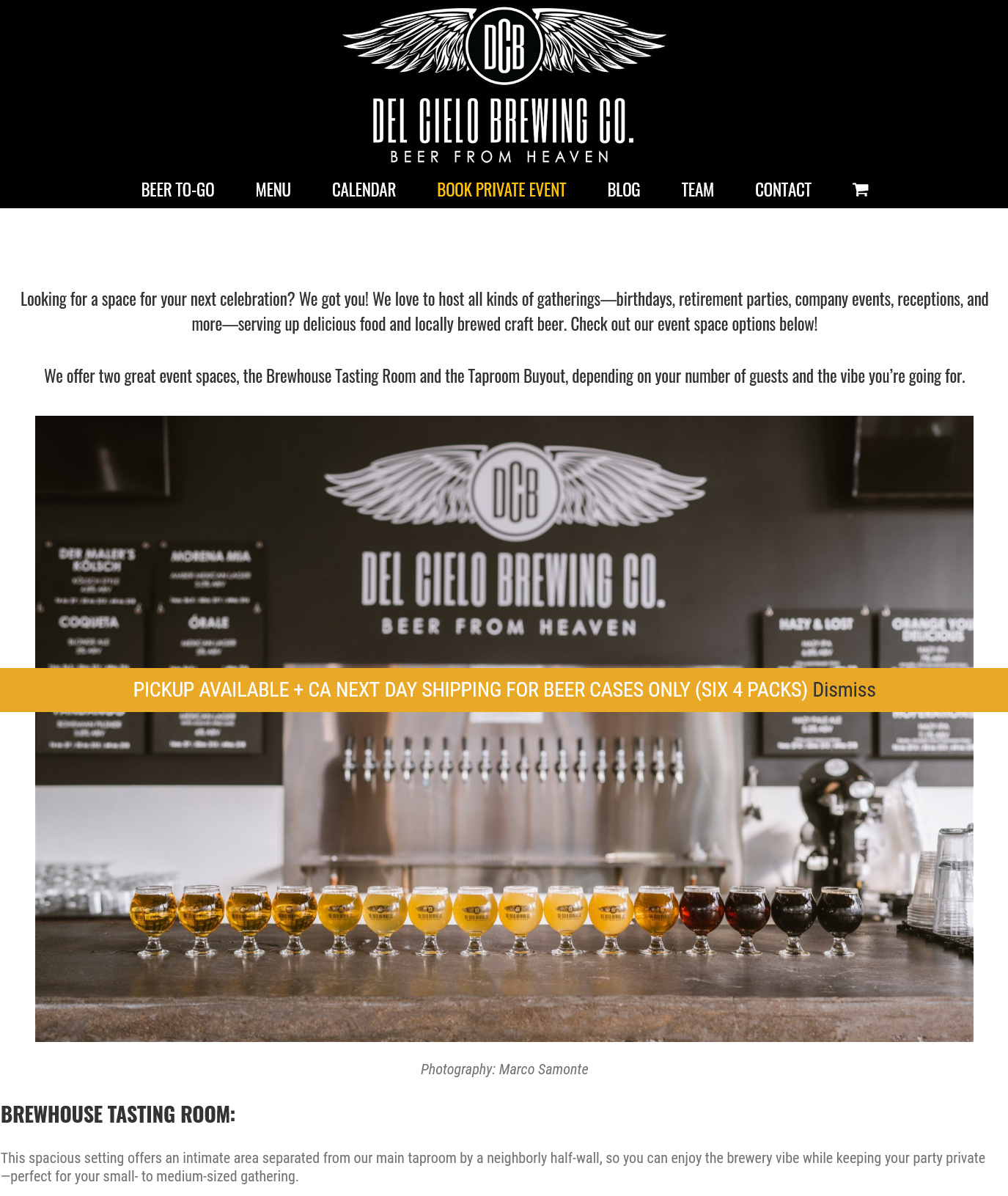 DEL CIELO BREWING CO. / PRIVATE EVENTS PAGE / DIGITAL COPYWRITER