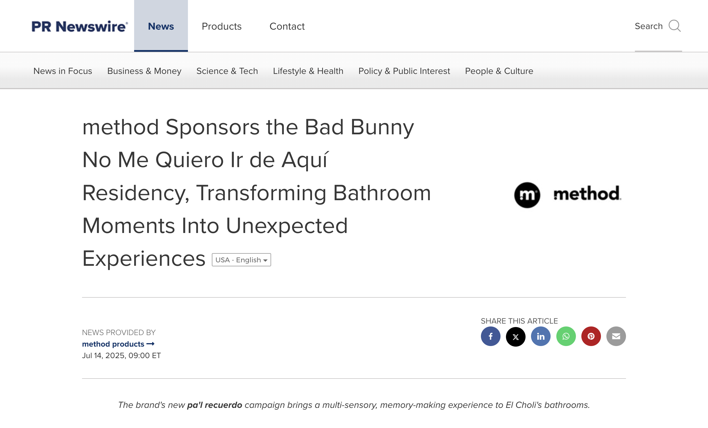   PR Newswire article about the Bad Bunny residency activation   