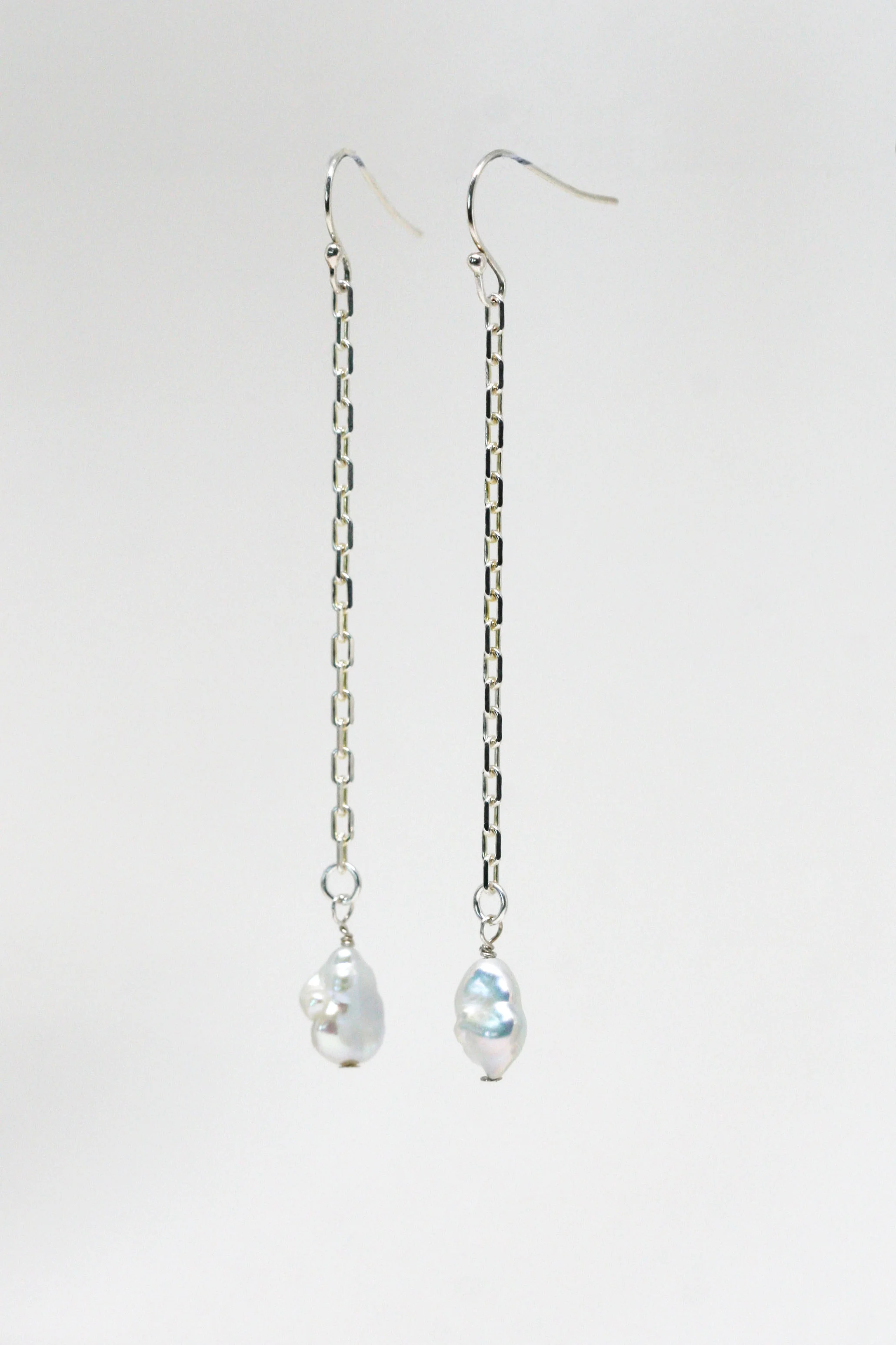 Dolorous Jewelry Silver and Pearl Drop Shoulder Grazer Earrings