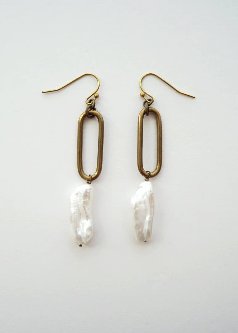 Long Brass and Pearl Drop Earrings by Dolorous Jewelry