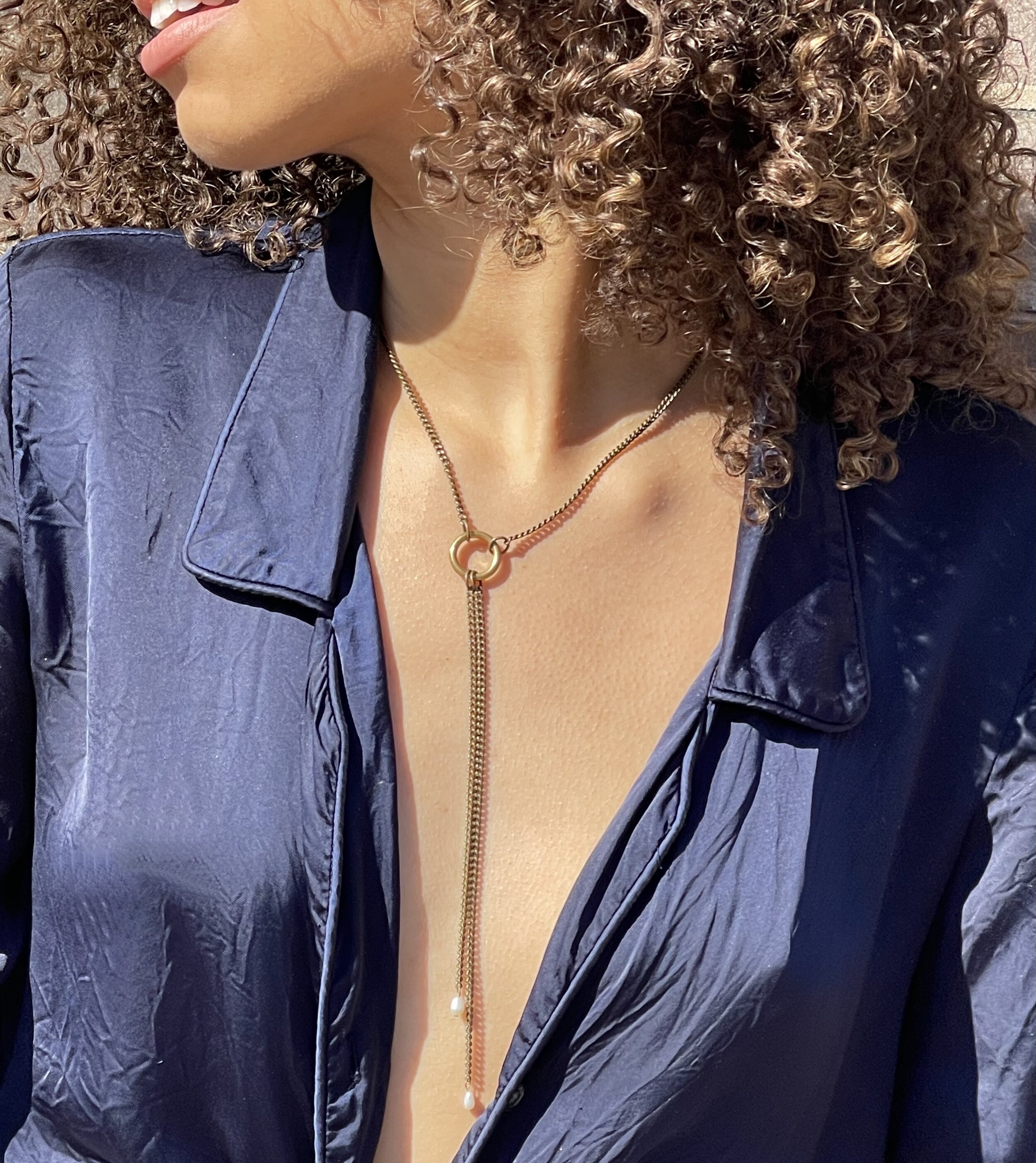 Dolorous Jewelry Spring 2021 Brass and Pearl Lariat Bolo Necklace Earrings and Bracelet.jpeg