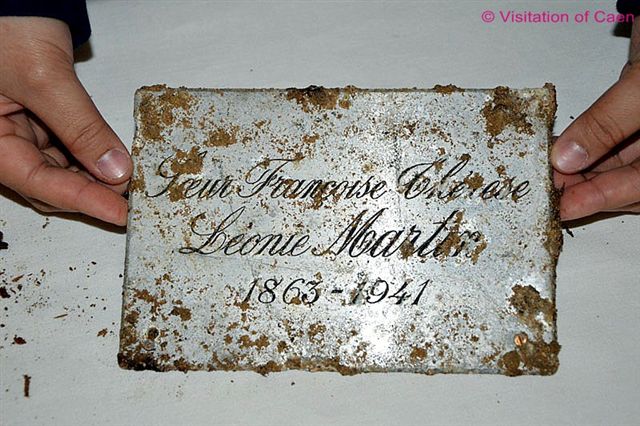  The original coffin-plate of Leonie Martin, which was supplied by the funeral director in 1941, photographed after the exhumation, April 25, 2011. &nbsp;It gives her religious and civil names and the years of her birth and death. 