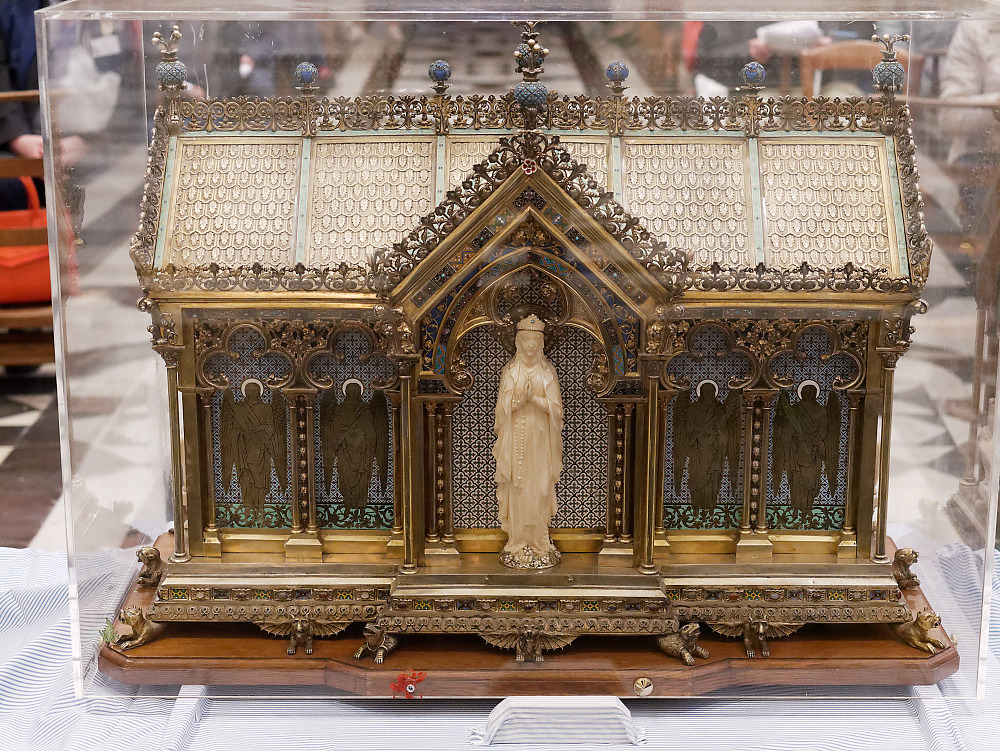 The image of Our Lady of Lourdes, on the reliquary of St. Bernadette, facing the altar of the Monastery of the Visitation at Caen