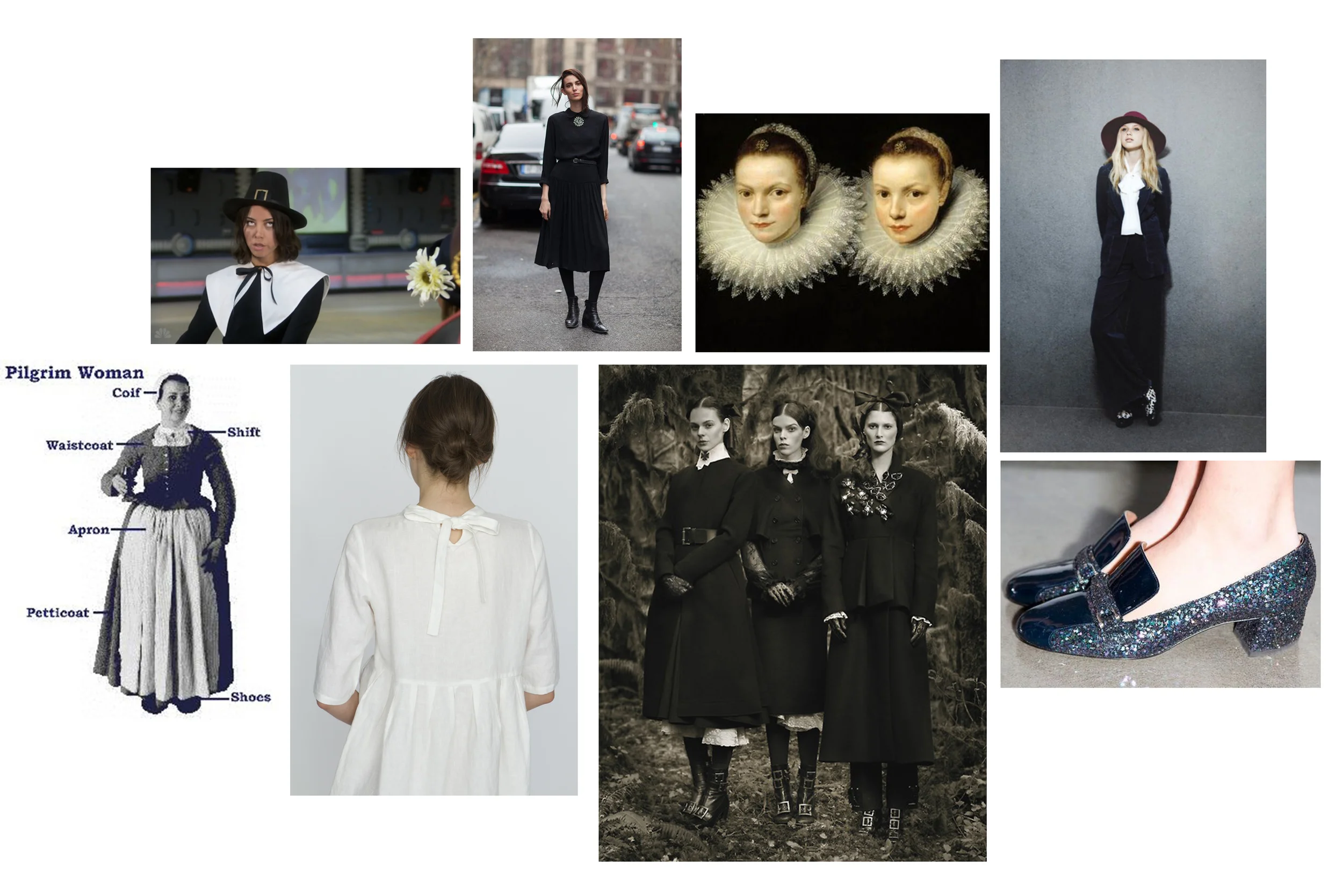 Clockwise from left: April Ludgate in Parks and Rec, Ruby Aldridge, Two Sisters by Cornelis de Vos (c. 1615), Image via Honey Kennedy , Pilgrim Costume, White Dress , Photo by Michael Thompson , Thakoon Pilgrim Pumps