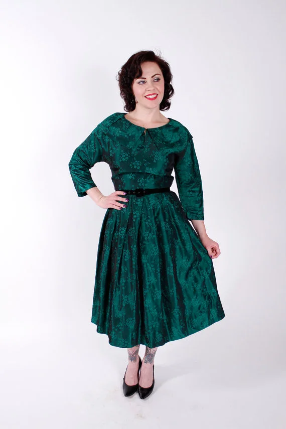 1950s Vintage Dress Green Jacquard 1950s VIntage Party Dress with Full Skirt Size Small
