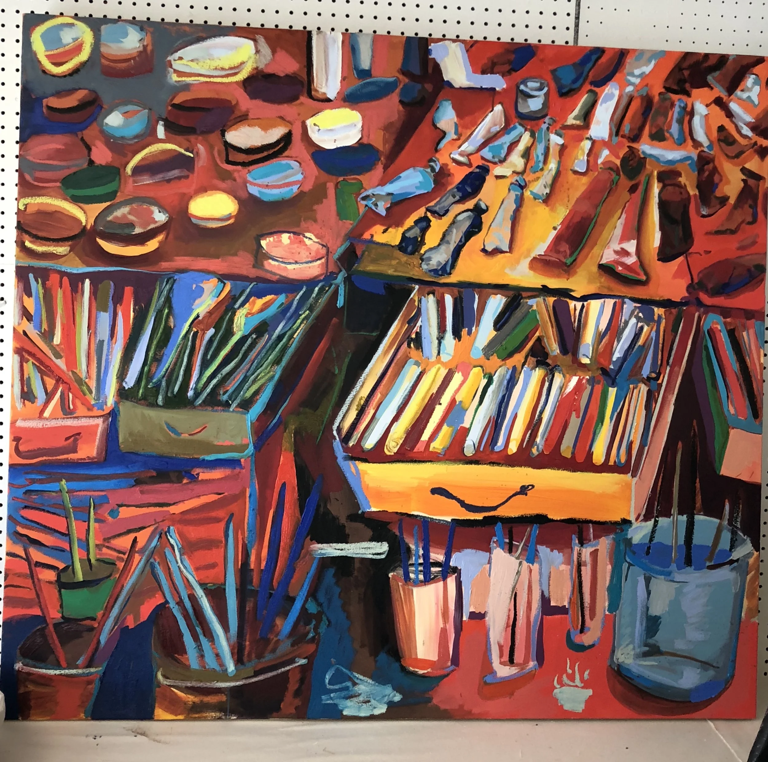 Studio Palette Painting Red, Oil on Canvas, 47”x52”.