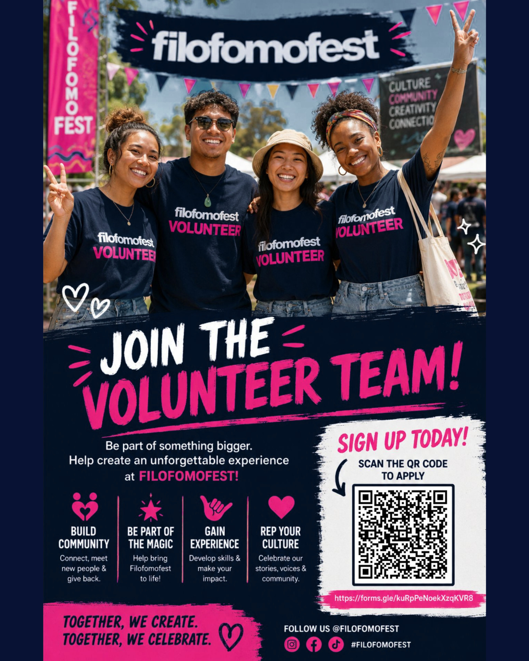 Four diverse volunteers smiling at a festival, wearing matching black t-shirts with pink and white text that reads 'filofomofest VOLUNTEER.' They are standing outdoors under a banner that says 'filofomofest,' with colorful bunting overhead, at an event promoting community and culture.