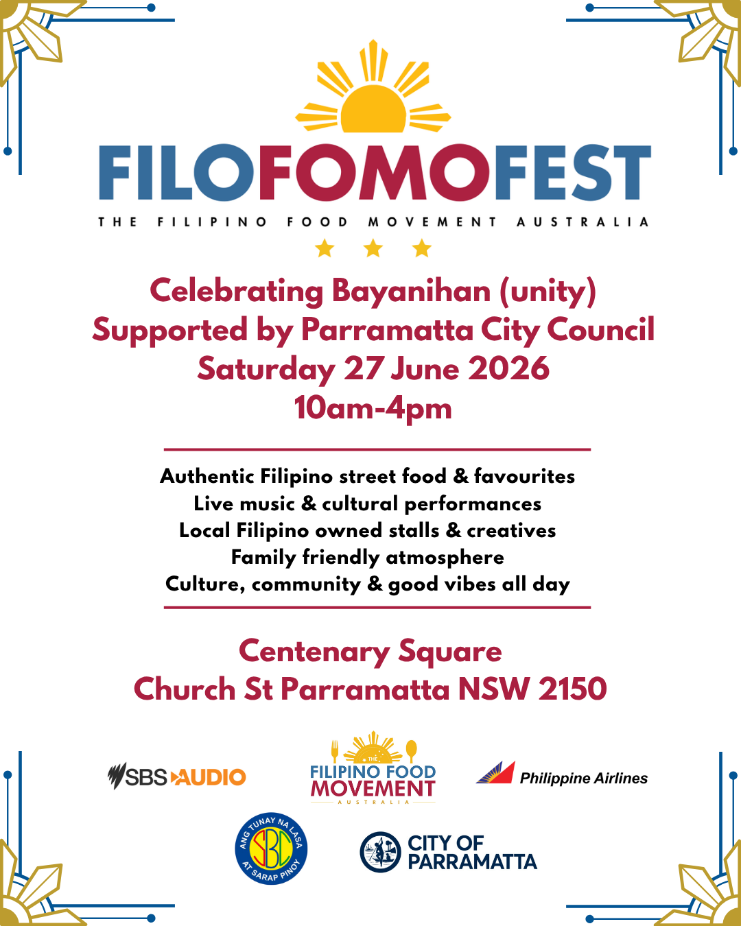 Event poster for Filipino Food Movement Australia highlighting a celebration of Bayanihan supported by Parramatta City Council on Saturday, June 27, 2026, from 10 am to 4 pm at Centenary Square, Church Street, Parramatta, NSW 2150. Features Filipino street food, live music, cultural performances, and family-friendly atmosphere.