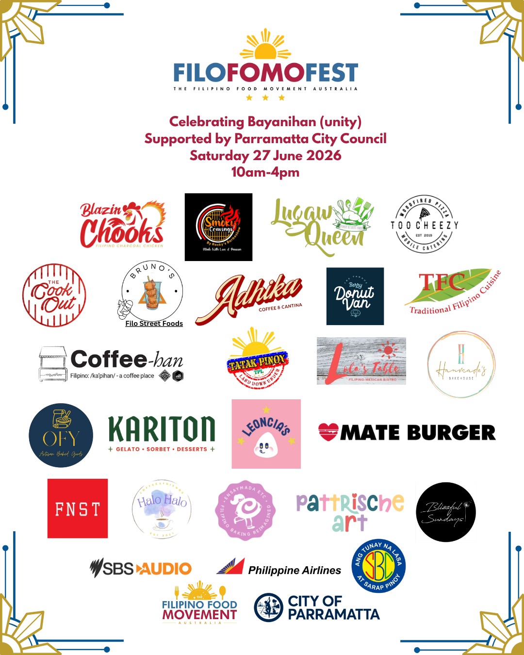 Event poster for Filipino Food Fest Australia, supporting the Filipino community in Parramatta, on June 27, 2026, from 10 am to 4 pm. Includes logos of various food vendors and sponsors.