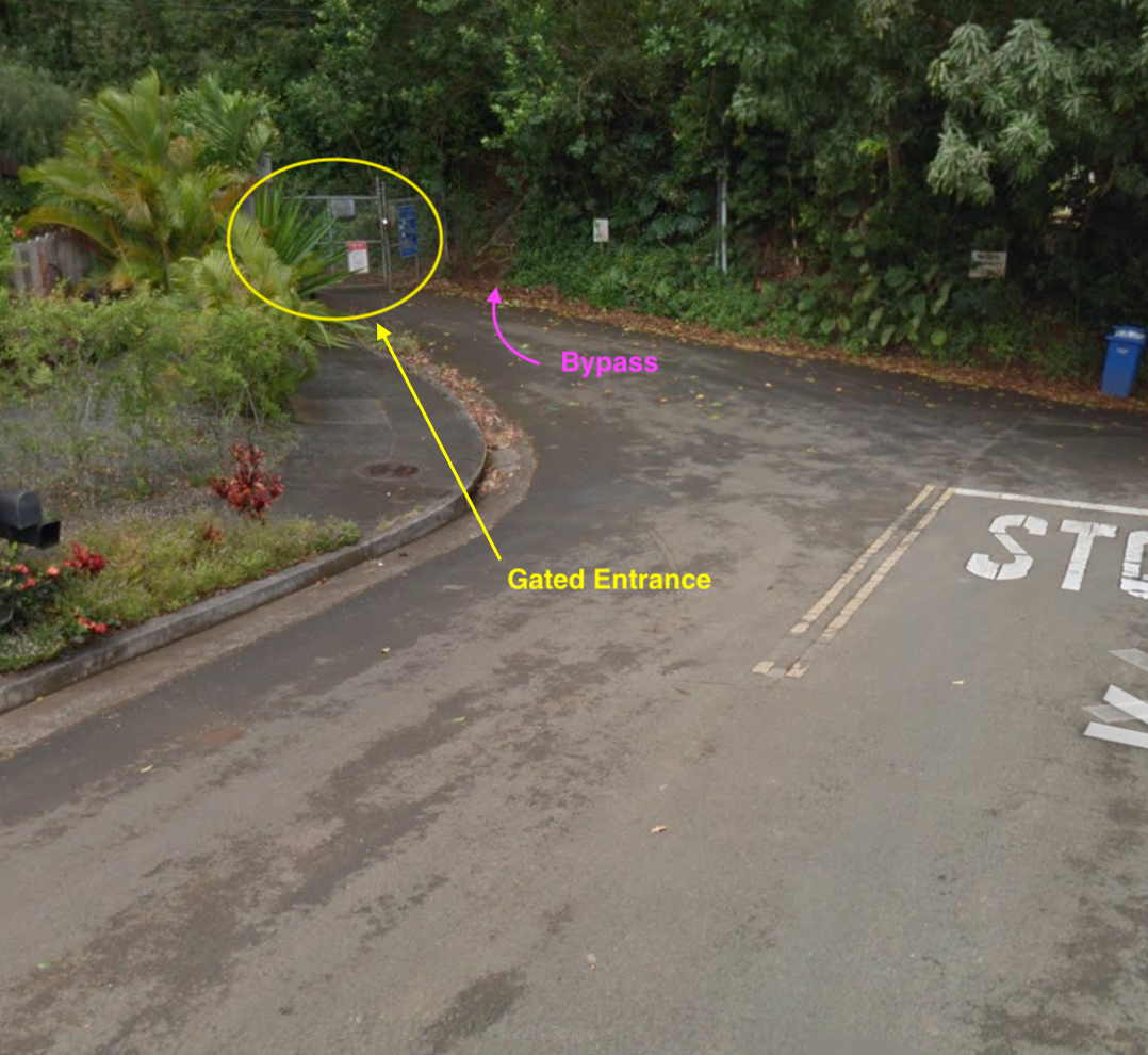 Fig 1. Gated entrance to purple road. Google pin.