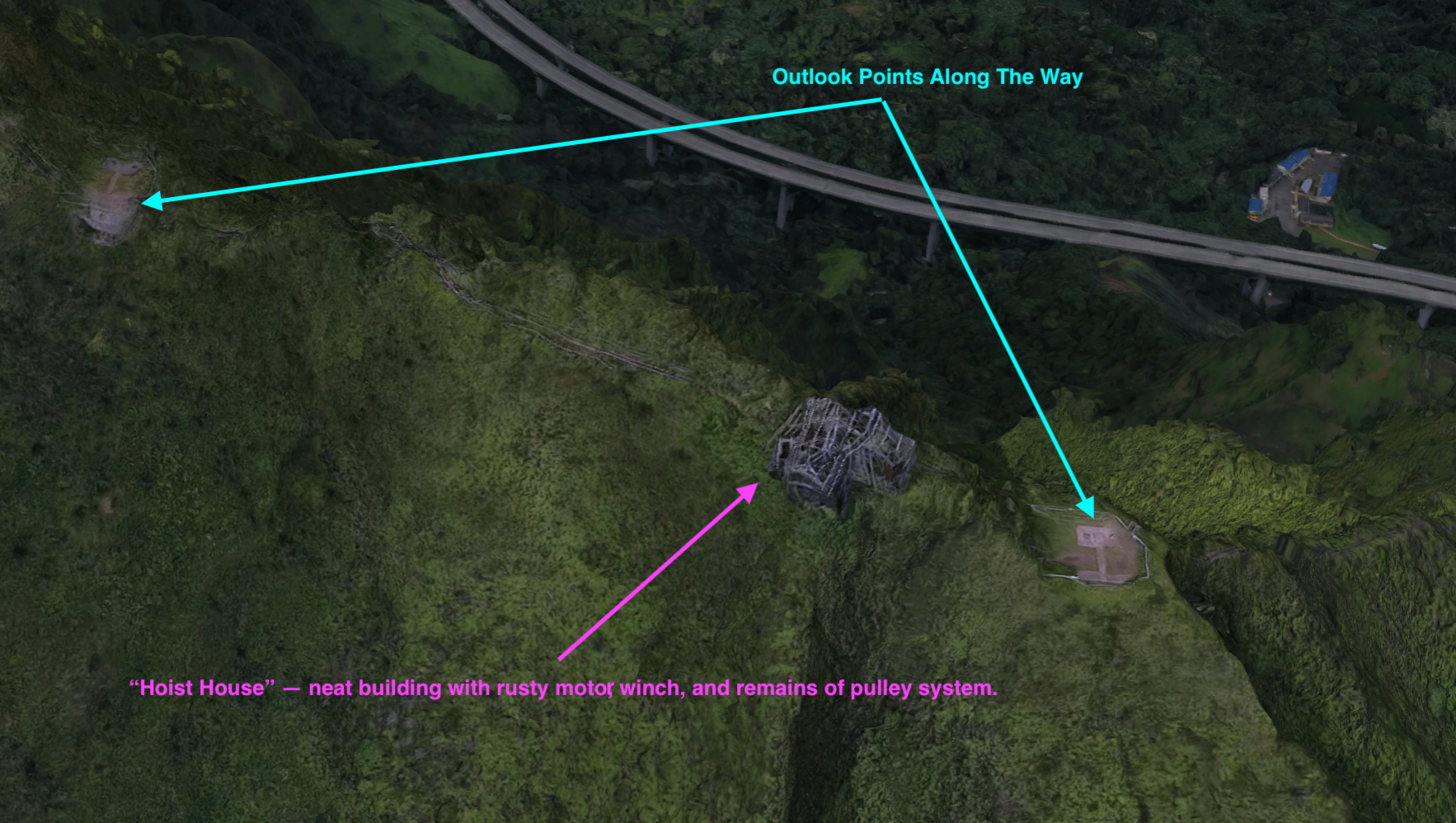 "Hoist House" and 2nd/3rd lookouts. Google maps pin .