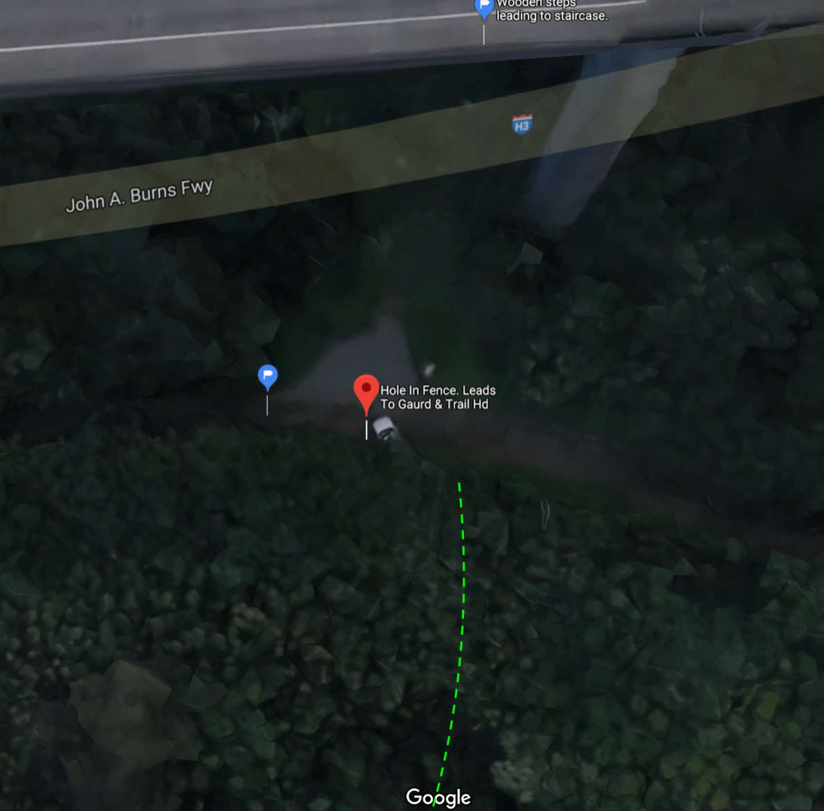 Fig 2. Quick jungle path to hole in fence that leads to guarded trail head. Green dashed line is approximate. Google maps pin .
