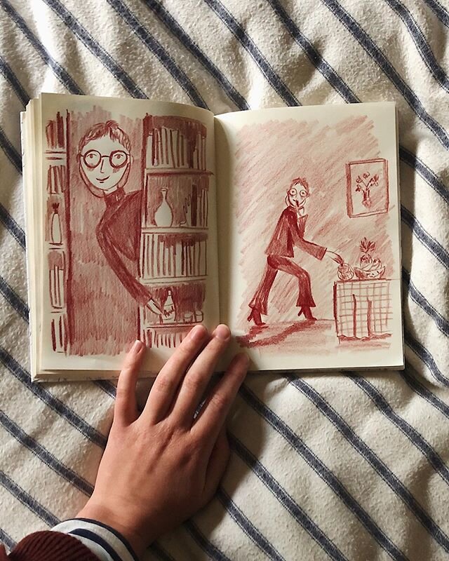 Before I go to bed I draw my friends doing imaginary things 🤷&zwj;♀️ Here&rsquo;s Sarah sneaking about! 
Since lockdown began and I started the @thegoodshipillustration course I&rsquo;ve gotten really into sketch booking again, I&rsquo;ve stopped ca