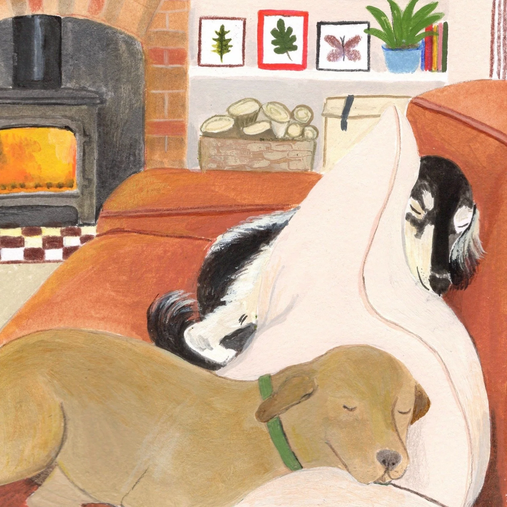 Hand-painted watercolor and gouache portrait of a Saluki sighthound and a fox red Labrador sleeping together on a sofa — custom pet artwork from photo.
